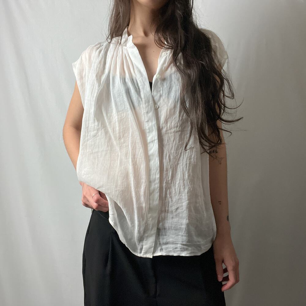 banana republic semi sheer minimalist flowy organza oversized button blouse top